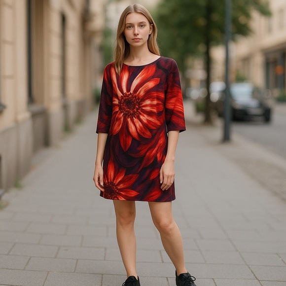RN Studio by Ronni Nicole Bold Floral Print Dress 3/4 sleeves in Red Size L - Picture 8 of 8